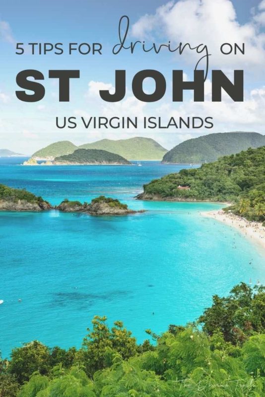 St John USVI beach view with text overlay 5 tips for driving