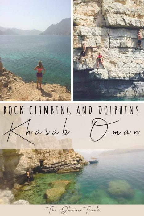 Rock climbing in Khasab Oman with text overlay
