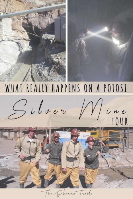 Tourists inside and outside the Potosi Silver mine with text overlay