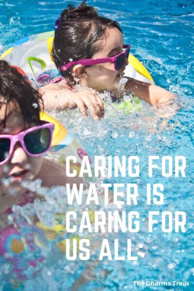 image of kids swimming in pool with save water slogan text overlay, "caring for water is caring for us all"