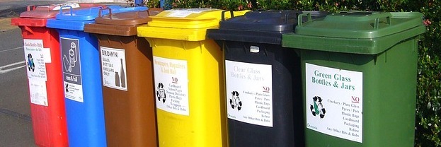 various recycling bins, no plastic bags