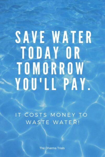 image of water with save water slogan text overlay "save water today or tomorrow you'll pay. it costs money to waste water!"