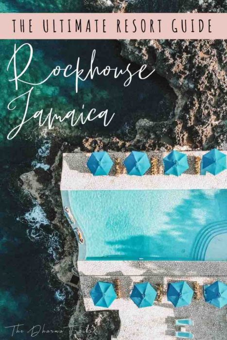 Drone shot of Rockhouse Jamaica pool with text overlay resort guide