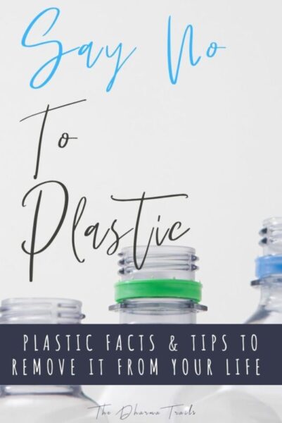 plastic bottles with text overlay say no to plastic with fact and tips