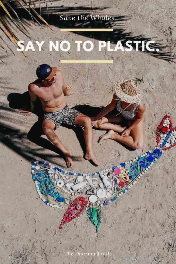 plastic trash art whale with text overlay say no to plastic