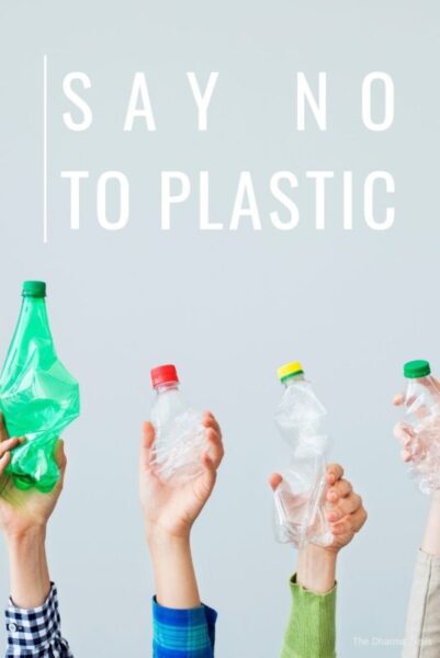 plastic bottles with text overlay say no to plastic