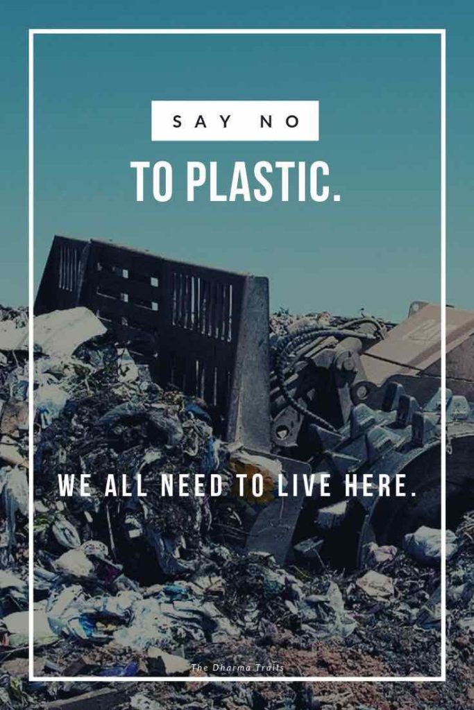 trash pile with text overlay say no to plastic