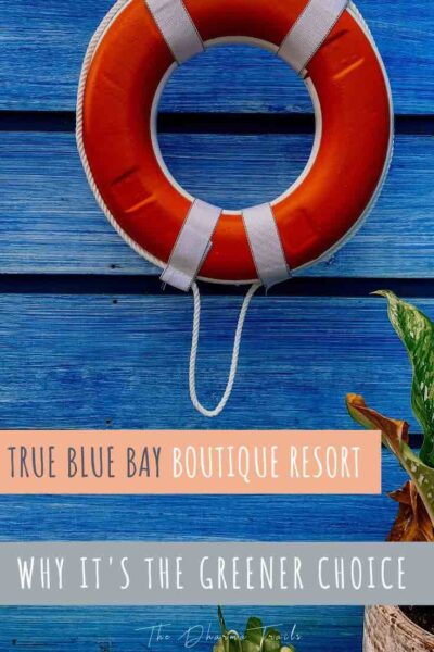 True blue bay resort wall with text overlay