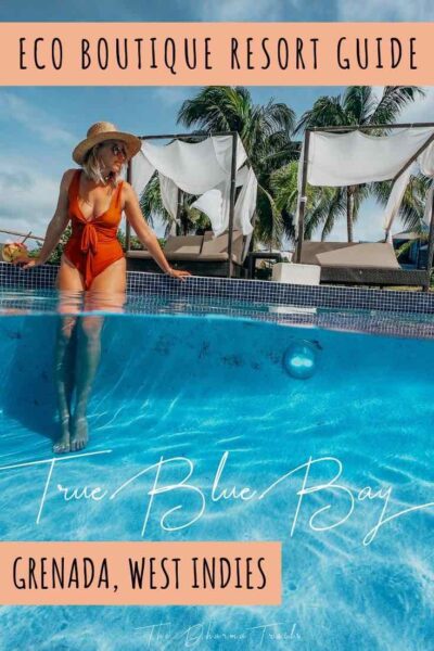  True Blue Bay pool with text overlay eco resort guide