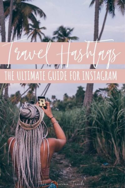 girl with iPhone and palm trees with text overlay travel hashtags