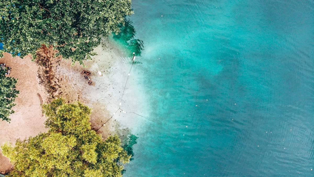 Drone view of Blue Lagoon in Jamaica