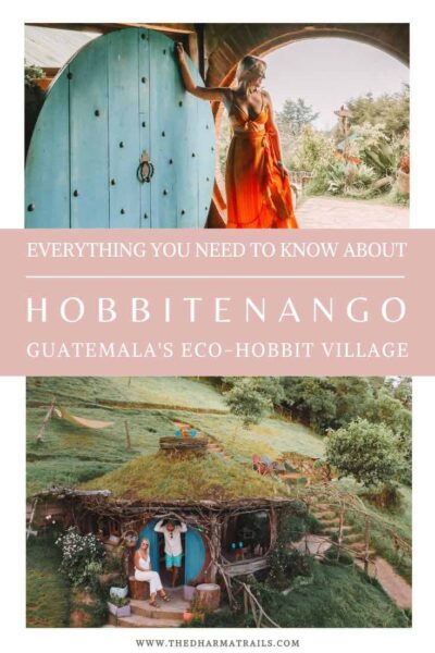 Couple at Hobbitenango with round door and text overlay