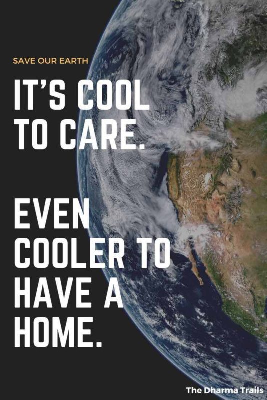 Earth from space with text overlay it's cool to care, save our earth, save earth slogans