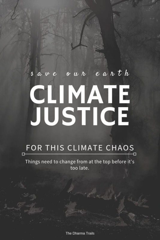 burning forest with text overlay save our earth. Climate justice for this climate chaos