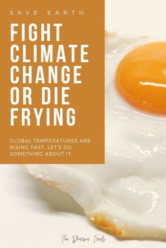 Fried egg with text overlay save earth, fight climate change or die frying