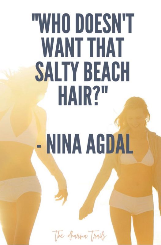 Two women on beach with text overlay beach quote by Nina Agdal