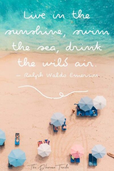 aerial view of beach with text overlay Live in the sunshine, swim the sea, drink the wild air