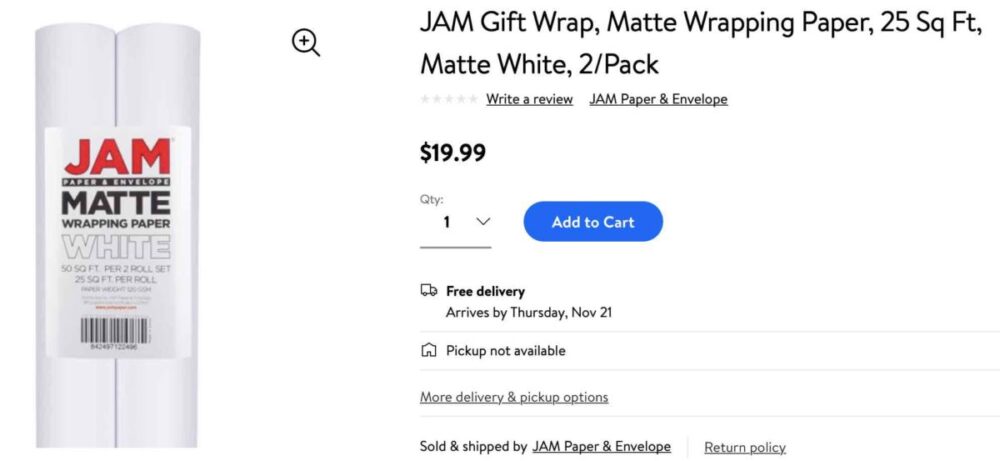 JAM & Envelope Matte Black Holiday Gift Wrap Paper, 25 sq ft