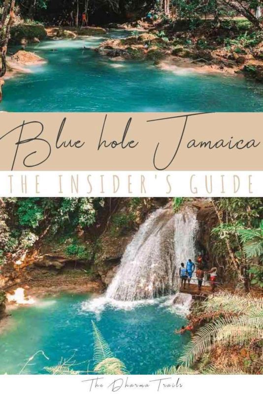 waterfall in jamaica with text overlay blue hole jamaica the insiders guide