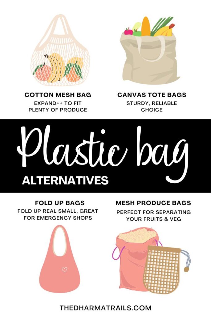 graphics of reusable bags with text overlay plastic bag alternatives