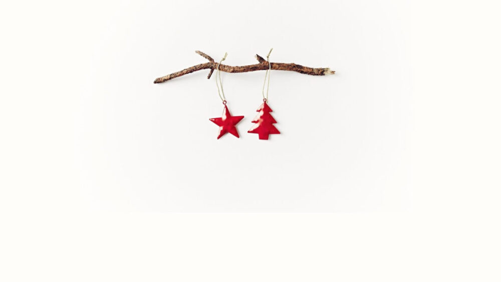 Minimalist Christmas decorations on a tree branch