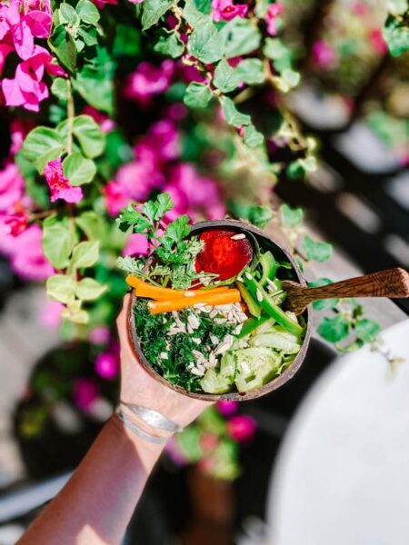 vegan salad in a coconut bowl