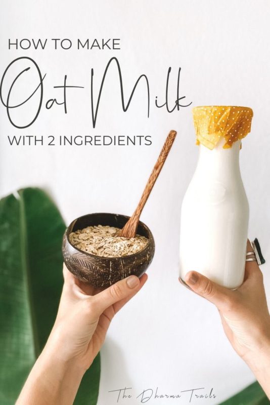 oats in a coconut bowl and oat milk in a jar