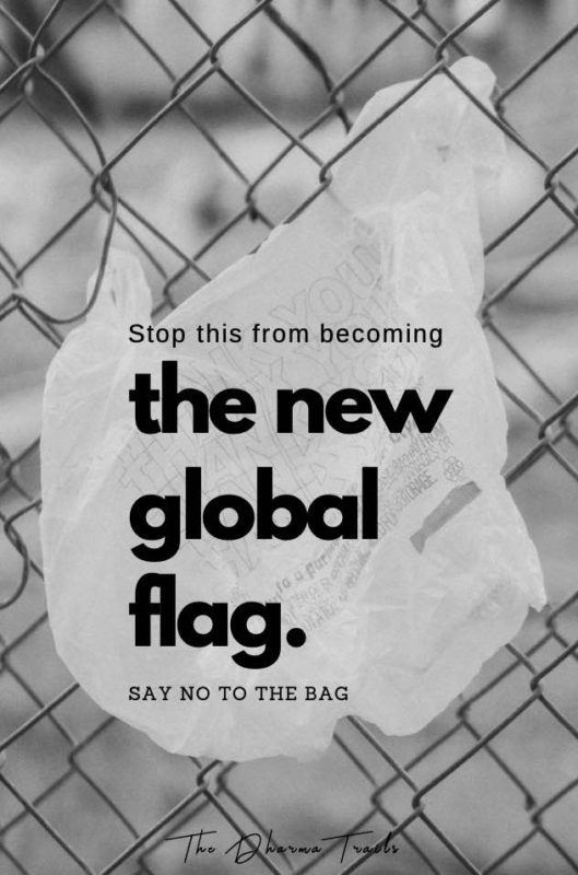 plastic bag on fence with text overlay plastic slogan