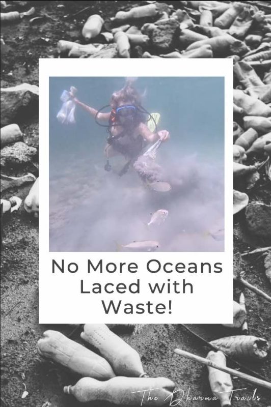 plastic trash in sea with text overlay 