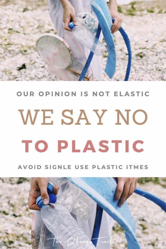 plastic waste on beach with text overlay plastic slogan 