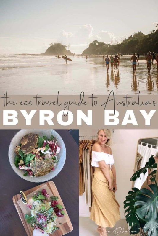 the pass at byron bay with text overlay the eco travel guide to australia's byron bay