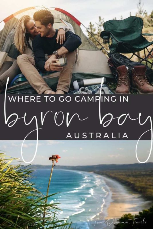 byron bay coastline with text overlay where to go camping in byron bay