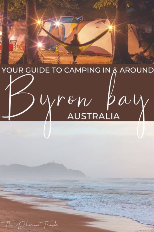 byron bay coastline with text overlay your guide to camping