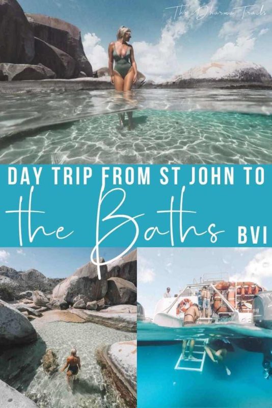 the baths with text overlay day trip from St John to BVIs