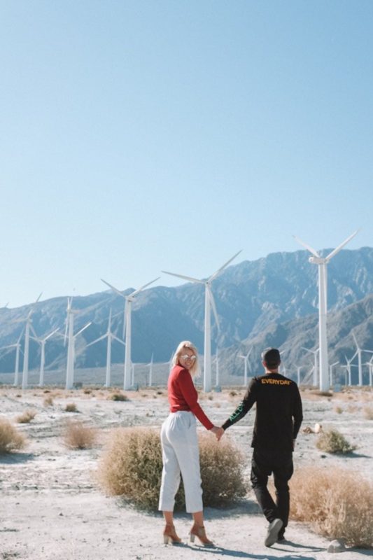 Couple standing in front of the Windmill Farm Palm Springs