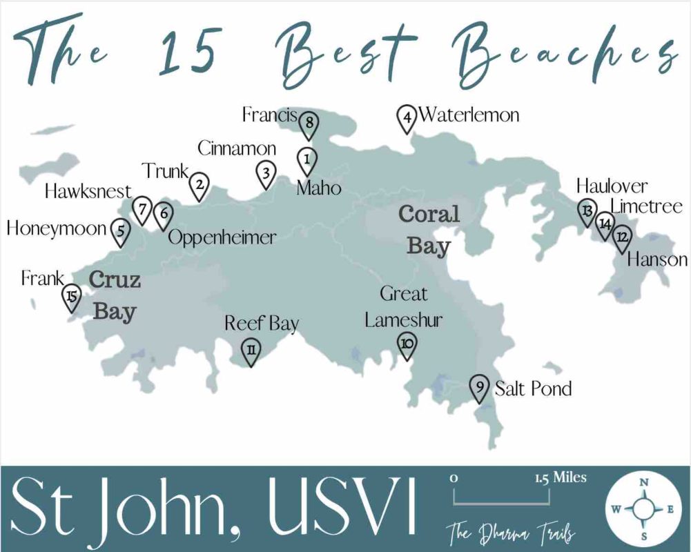 Map of St John Beaches with the best 15 St John Beaches marked 