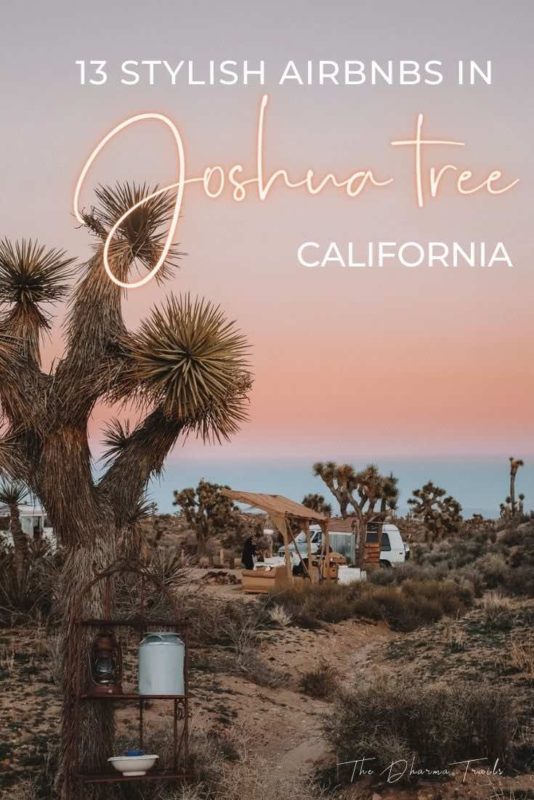 joshua tree campsite with text overlay 13 stylish airbnbs