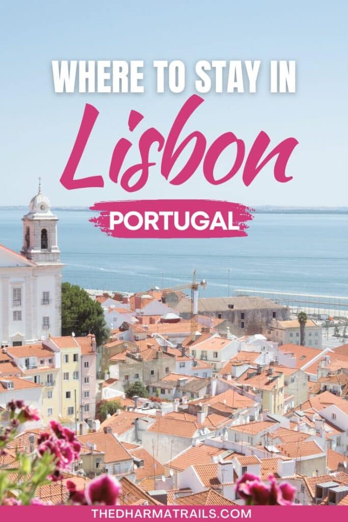 Lisbon city skyline with text overlay Where to stay in lisbon portugal