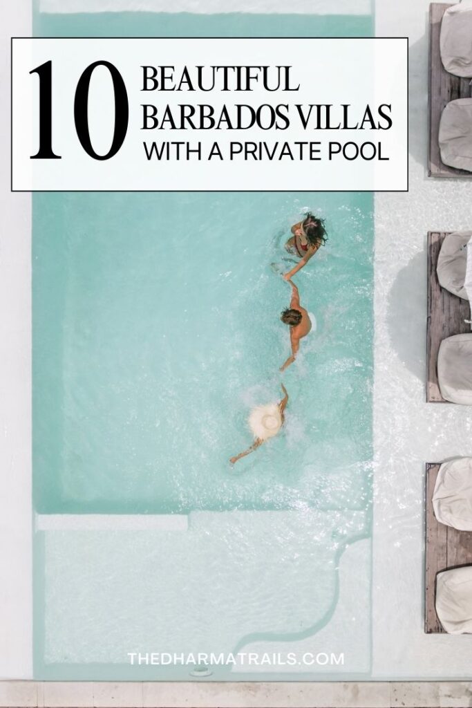 turquoise pool with 3 people enjoying it with text overlay 10 barbados villas with a private pool 