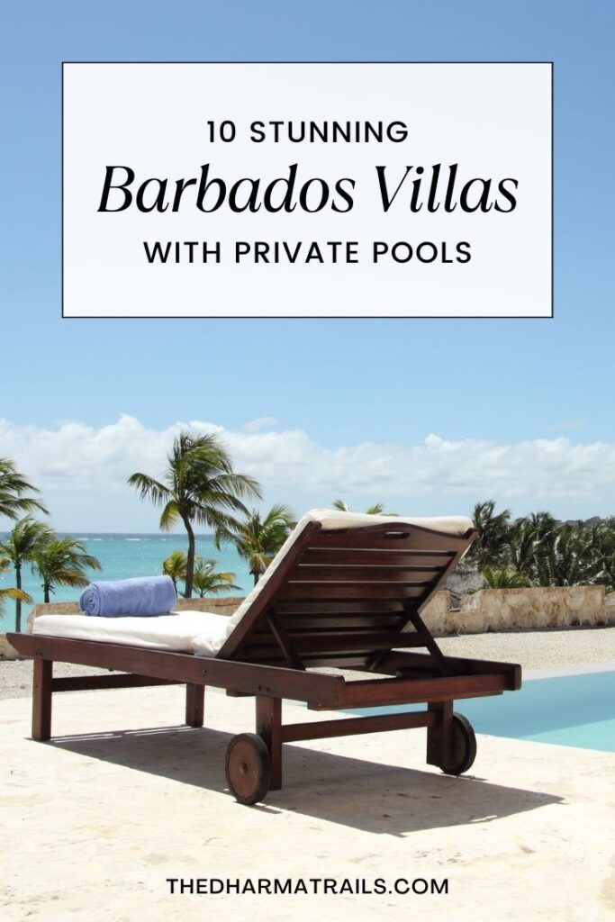 deck chair overlooking caribbean sea and palm trees with text overlay 10 stunning barbados villas with private pools