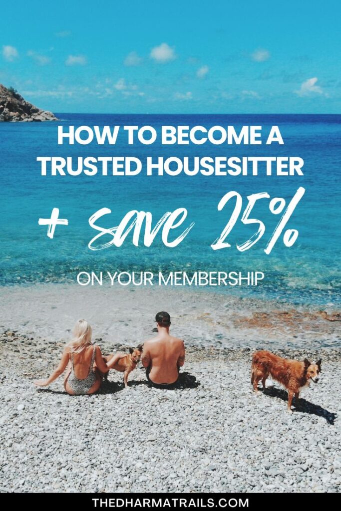 couple sitting on a Caribbean beach with dogs with text overlay how to become a trusted housesitter and save 25%